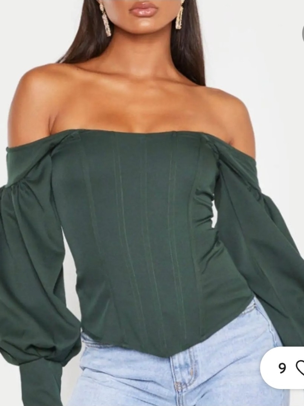 PrettyLittleThing Dark Green Puff Sleeve Corset Top Blouse US 12